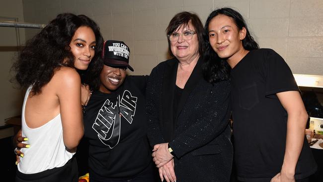 (L-R) Solange Knowles, Missy Elliott, Margareta van den Bosch, and Alexander Wang pose backstage at the Alexander Wang X H&amp;M Launch on October 16, 2014 in New York City. (Photo by Dimitrios Kambouris/Getty Images for H&amp;M)