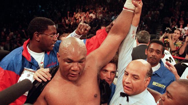 George Foreman’s comeback win over Michael Moorer made him a legend. Picture: JOHN GURZINSKI / AFP