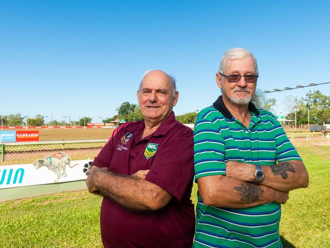 DGA president Robbie Brennan and committee member Richard Carr are happy with the state of the Winnellie Park track after improvements were made to it. Picture: Che Chorley