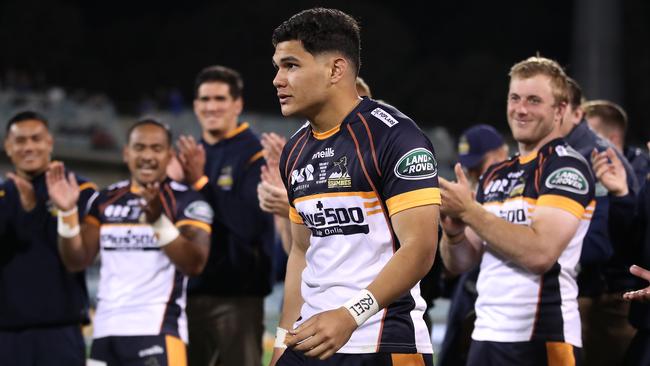 Noah Lolesio of the Brumbies receives the player of the match award after the grand final