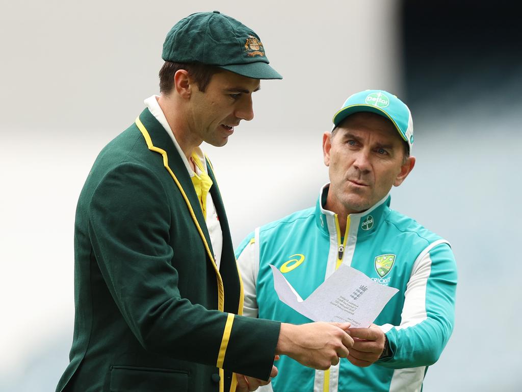 Pat Cummins (L) bristled at Justin Langer’s talk of cowards in the Australian dressing room. Picture: Robert Cianflone/Getty Images