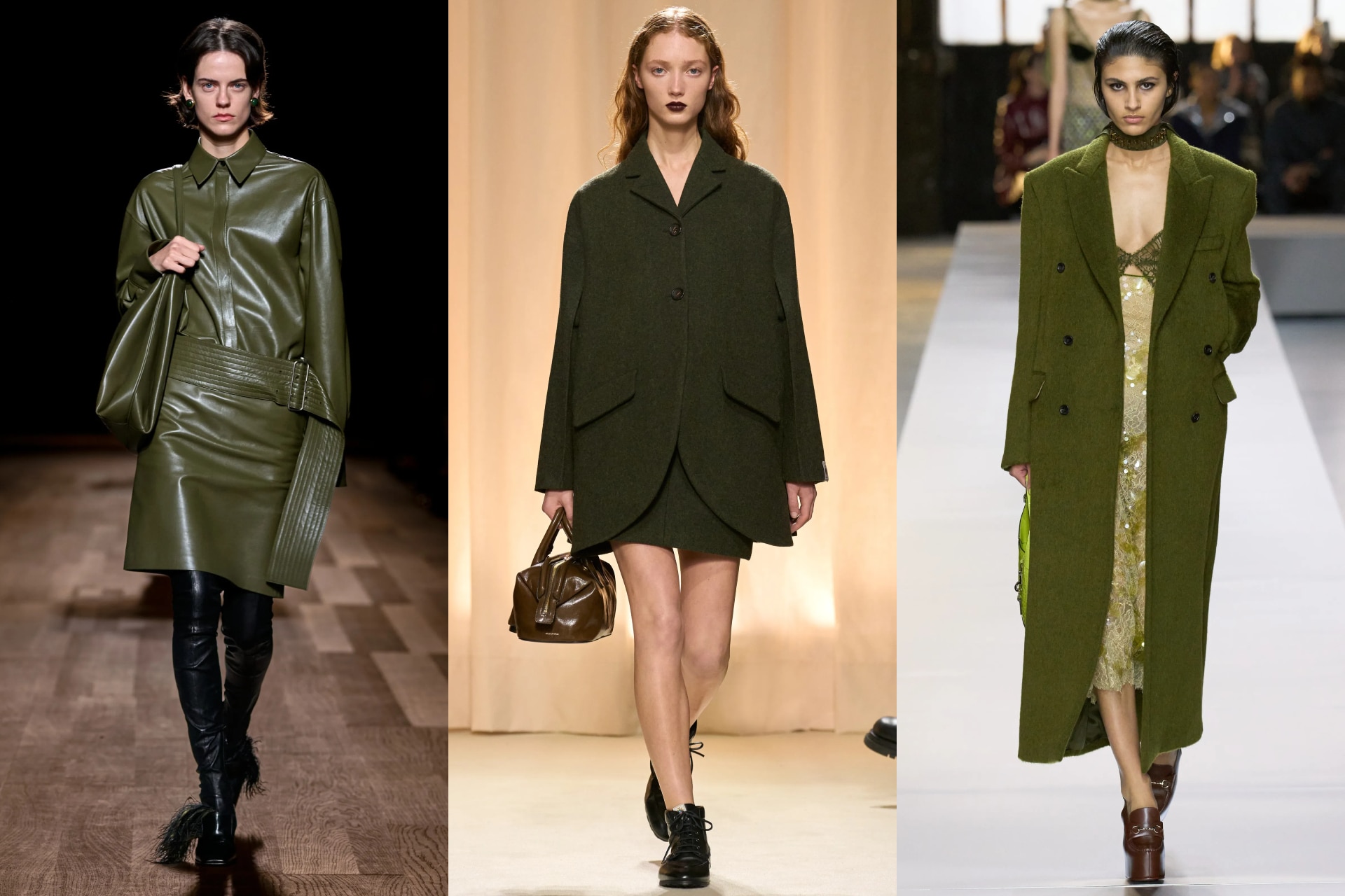 <p><i>Above (L-R): Ferragamo, Bally, Gucci</i></p><h2><b>Green as grass</b></h2><p>Beetroot may have been the<i> hue de la semaine</i> in <a href="https://www.vogue.com.au/fashion/trends/nyfw-trends-aw24/image-gallery/5cc00cfb7b51b5f03c1455516a17052b" target="_blank" rel="noopener">New York</a>, but the designers at Milan Fashion Week gravitated towards the opposite wedge of the colour wheel. Spotted on the runways at Ferragamo, Bally, Bottega Veneta and Alberta Ferretti were greens of a mossy variety, splashed onto leather totes and boiled wool coats. At Fendi, it grew lichen-like on shift dresses and sheer skirts, blooming with the occasional pink polka dot, while at Gucci, Sabato De Sarno spun the colour into cashmere and sheered-out neglig&eacute;es. Here the contrast was between the delicacy of the fabric and the affront of shade, described by the Gucci team as &ldquo;rotten&rdquo;&mdash;hardly the ripe cranberry of spring/summer.</p>