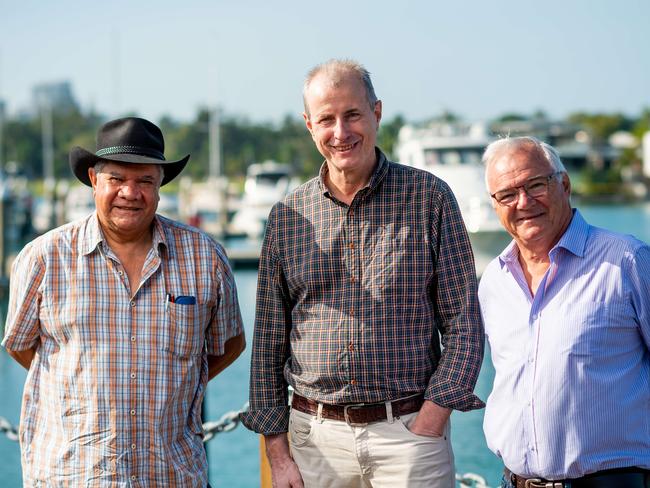 Mick Dodson, Paul Henderson and Gary Higgins, members of the Territory Economic Reconstruction Commission, pictured here in Cullen Bay, Darwin. Picture: Che Chorley