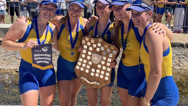 The winning Loreto College Division 1 open crew who won the Head of the Lake. Meg Lynch, Isabella Rossato, Eliza Dodd, Olive Lanyon, Mia McTigue. Picture: Shane Jones.