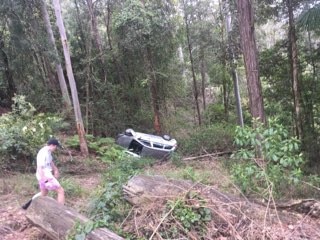 Ms Lang’s station wagon rolled four times before hitting a tree and coming to rest partially upside down. Picture: supplied