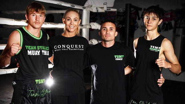 Fighters Dre Stalder and Jayden Carroll with coach Brodie and Elise Stalder of Stalder Muay Thai. Picture: Patrick Woods.