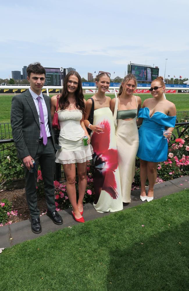 Jorja, Eden, Jess, Brooke and Marcus at Seppelt Wines Stakes Day 2024 at Flemington Racecourse. Picture: Gemma Scerri