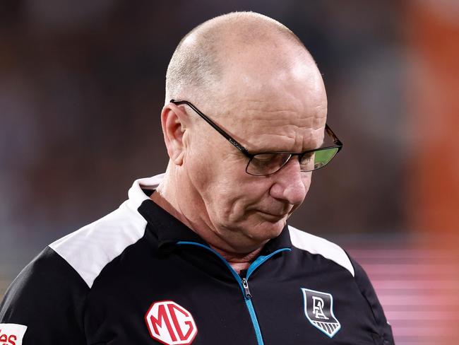 ADELAIDE, AUSTRALIA – SEPTEMBER 05: Ken Hinkley, Senior Coach of the Power looks on during the 2024 AFL Second Qualifying Final match between the Port Adelaide Power and the Geelong Cats at Adelaide Oval on September 05, 2024 in Adelaide, Australia. (Photo by Michael Willson/AFL Photos via Getty Images)