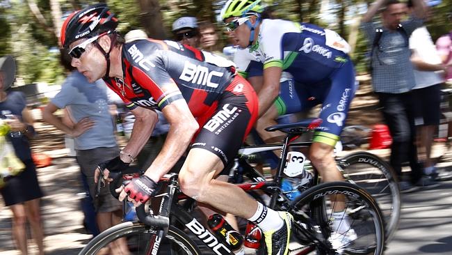 Cadel Evans and Simon Gerrans climb up Mt Buninyong in the closing stages of the national championships. Pictures: Michael Kl...