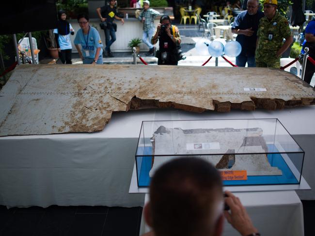 A recovered Boeing 777 wing flap identified to be part of the missing Malaysia Airlines flight MH370, is seen on display during a memorial event ahead of the fifth anniversary of the aircraft's disappearance, in Kuala Lumpur on March 3. Picture: AFP