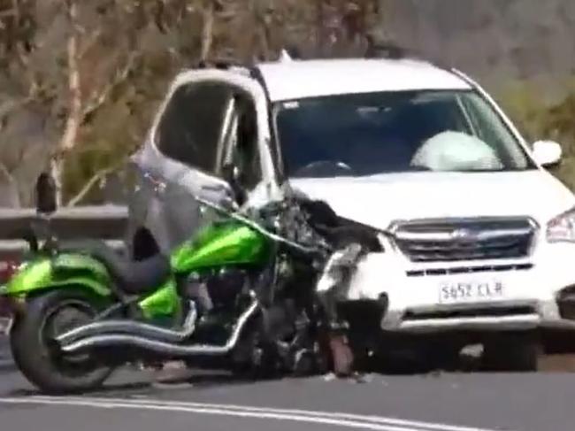 A motorbike rider died in a horror crash at Wattle Flat. Emergency services were called to Main South Road following a crash involving a car and motorcycle. Picture: 7 NEWS