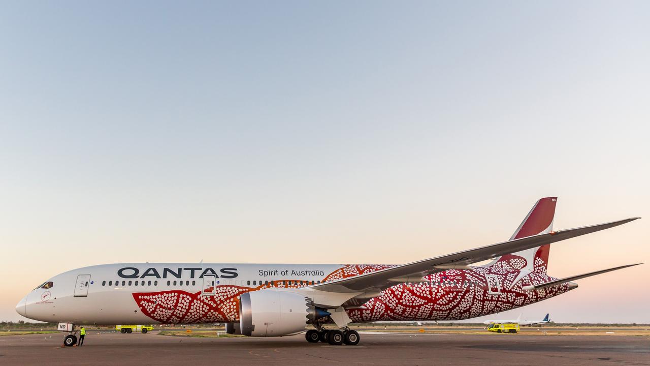 The Qantas Boeing 787 Dreamliner called Emily, featuring artwork by Aboriginal artist Emily Kame Kngwarreye, seen here on arrival in Australia when it landed at Alice Springs, NT, on March 2, 2018. Photo: Emma Murray