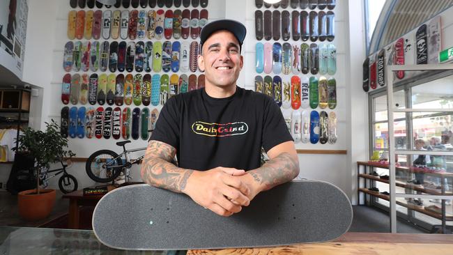 Pete Abordi from Little Black Bike – Daily Grind Skate says foot traffic remains strong along Jetty Road in Glenelg. Picture: Tait Schmaal