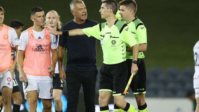 SYDNEY, AUSTRALIA - FEBRUARY 04: Wanderers head coach Marko Rudan protests to the referee after full time during the A-League Men round 15 match between Macarthur FC and Western Sydney Wanderers at Campbelltown Stadium, on February 04, 2024, in Sydney, Australia. (Photo by Mark Metcalfe/Getty Images)