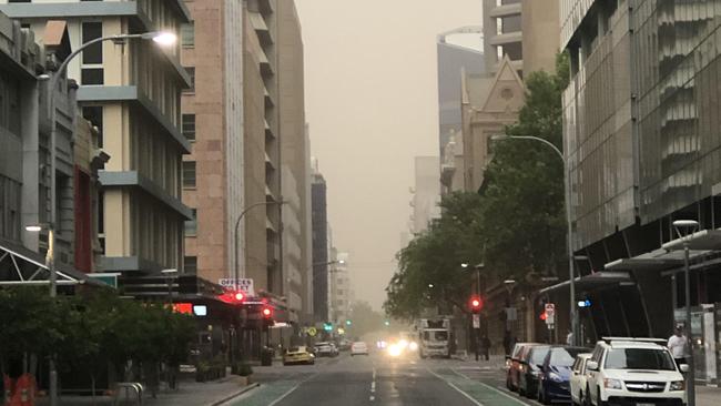 Hazy smoke in Waymouth St, Adelaide, which has drifted in from the Yorketown bushfire. Picture: The Advertiser