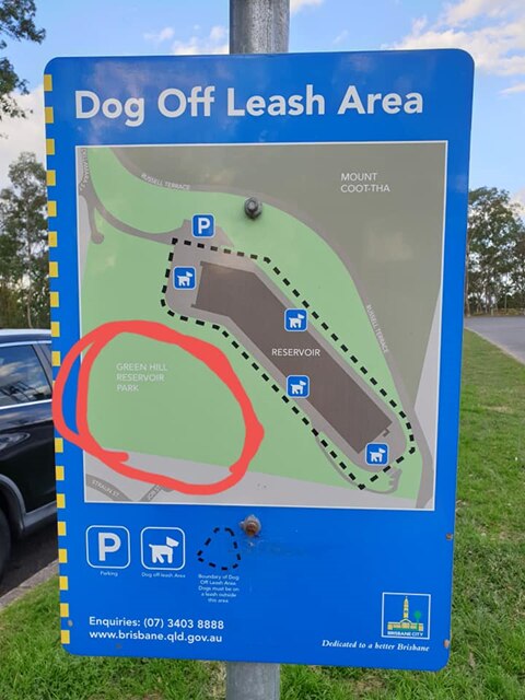 Currently the dog off leash area at the Chapel Hill park is a ring road. The online petition asks for dogs to be allowed to be off leash in the grass area (circled in red by petition creator Hayley Chalmers). Picture: Hayley Chalmers