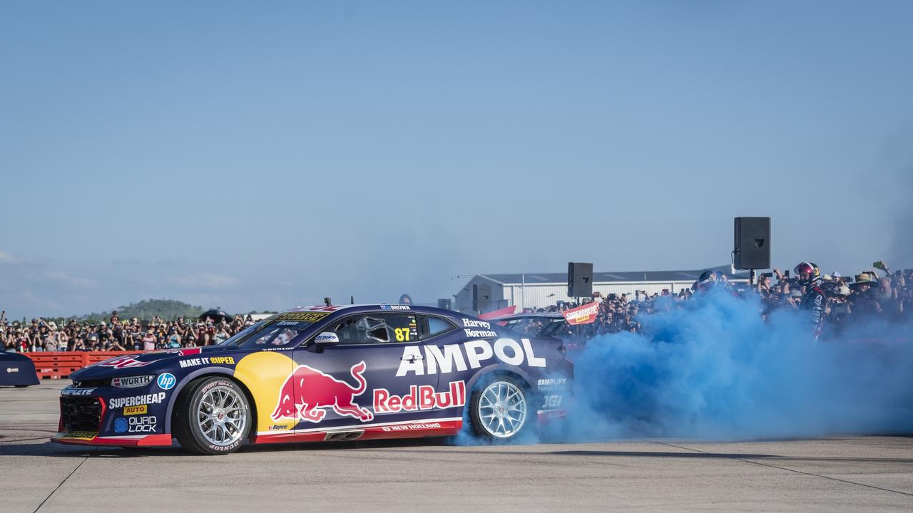 Toowoomba driver Will Brown burns rubber as V8 Supercars team Red Bull Ampol Racing launch their 2024 livery at Toowoomba Wellcamp Airport, Saturday, February 3, 2024. Picture: Kevin Farmer