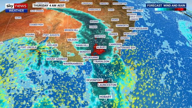 The rain band is set to hit Melbourne on Wednesday afternoon, and continue east on Thursday and Friday. Picture: Sky News Weather