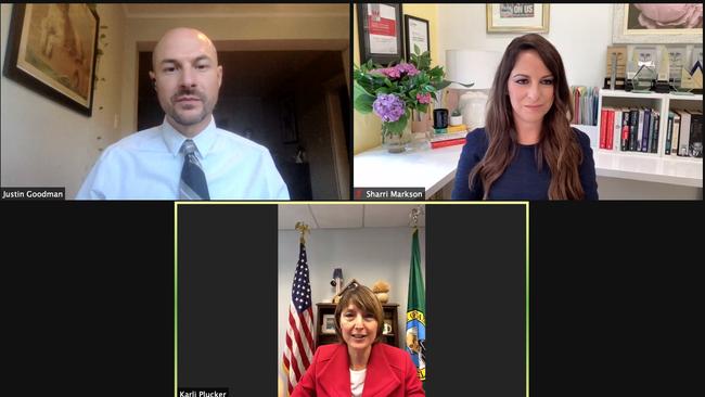 News Corporation Australia journalist Sharri Markson, right, addresses a US congressional briefing that included Congresswoman Cathy McMorris Rodgers, lower image. The event was moderated by White Coat Waste Project vice-president Justin Goodman, left. Source: Supplied.