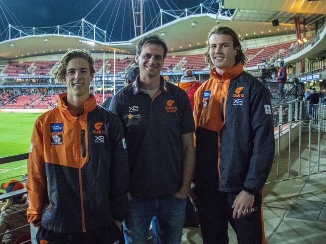 GWS Giants Academy Head Coach Jason Saddington (centre) with academy stars James Peatling from Toongabbie (left) and Kieren Briggs from Carlingford at Spotless Stadium. Picture: GWS Giants