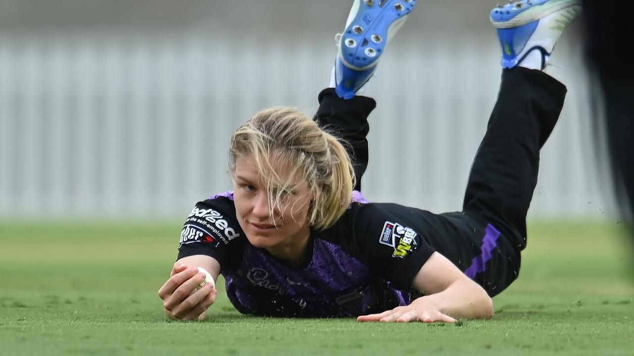 Nicola Carey took a stunning catch off her own bowling and then helped guide the Hurricanes home with the bat. Picture: Albert Perez/Getty Images