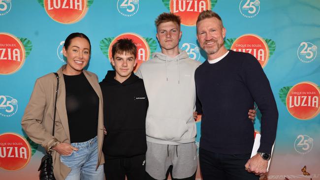 Nathan Buckley walks the red carpet for the Australian premiere of Cirque du Soleil show Luzia, with sons Jett and Ace and partner Brodie Ryan. Picture: Brendan Beckett