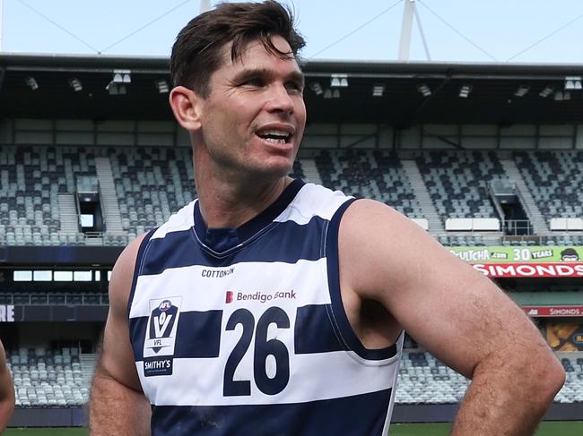 GEELONG, AUSTRALIA - SEPTEMBER 07: Tom Hawkins of the Cats after the 2024 VFL First Semi Final match between the Geelong Cats and Southport Sharks at GMHBA Stadium on September 07, 2024 in Geelong, Australia. (Photo by Rob Lawson/AFL Photos via Getty Images)