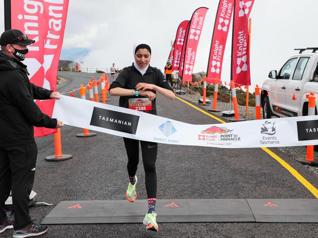 Meriem Daoui wins the female section of the 2021 Point to Pinnacle. Picture: Robert Groom