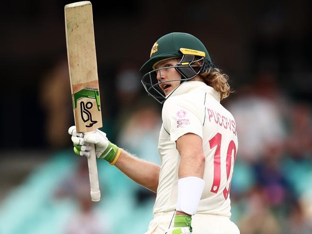 SYDNEY, AUSTRALIA - JANUARY 07: Will Pucovski of Australia celebrates scoring a half-century during day one of the Third Test match in the series between Australia and India at Sydney Cricket Ground on January 07, 2021 in Sydney, Australia. (Photo by Cameron Spencer - CA/Cricket Australia via Getty Images)