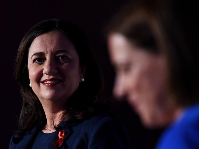 BRISBANE, AUSTRALIA - NewsWire Photos - OCTOBER 30, 2020.Queensland Premier Annastacia Palaszczuk (left) and opposition Leader Deb Frecklington engage in a leadersÃ debate ahead of the state election on October 31, at the Brisbane Convention & Exhibition Centre. Picture: NCA NewsWire / Dan Peled