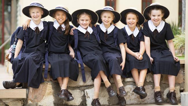 Year 3 Students Isobel Stobie, Jasmine Moody, Mia Vidler, Eva Williams, Penelope Cronin and Charlie Morgans at St Margaret's Anglican Girls School, which is Brisbane North’s top performing primary school for NAPLAN results this year. Picture: Lachie Millard