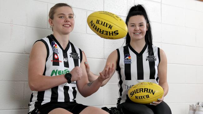 Crows AFLW star Chloe Scheer (L) is on the come back from her ACL injury and has decided to play in the Adelaide Footy League Women’s competition with division one club Payneham Norwood Union, lining up alongside her older sister Abbey. Picture: Dean Martin