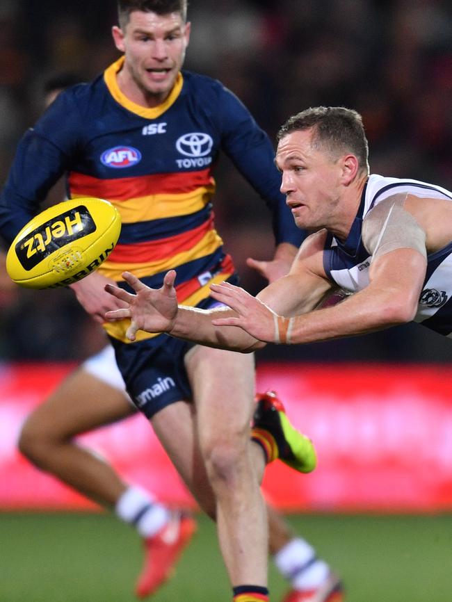 Bryce Gibbs and Joel Selwood crossed paths on Thursday night. Pic: AAP