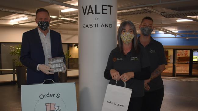 Eastland is using its valet carpark to give out frozen meals to needy members of the community. Pictured is general manager Greg Balmforth with Glen Park Community Centre's Heidi and Naomi Butler-Moore. Picture: Kiel Egging.