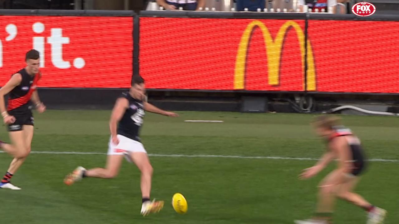 Mitch McGovern failed to put his head over the ball, instead trying to kick it off the ground.