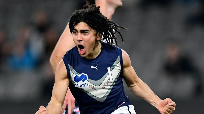 MELBOURNE, AUSTRALIA – JULY 14: Isaac Kako of Victoria Metro celebrates kicking a goal during the 2024 Marsh AFL Championships U18 Boys match between Victoria Metro and Victoria Country at Marvel Stadium on July 14, 2024 in Melbourne, Australia. (Photo by Josh Chadwick/AFL Photos)