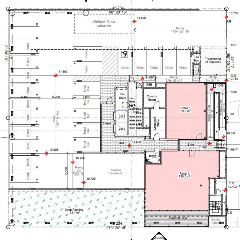 Floor plan of the ground level with retail spaces and car parks.