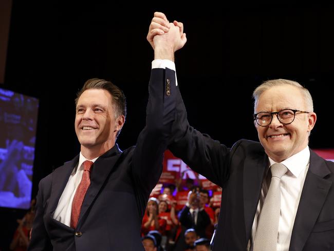 DAILY TELEGRAPH MARCH 5, 2023.Prime Minister Anthony Albanese welcomes NSW Labor leader Chris Minns during NSW Labor's Campaign Launch at the Marana Auditorium in Hurstville. Picture: Jonathan Ng