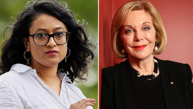 Former Liberal staffer Dhanya Mani (left) says she felt sick after being questioned by ABC journalists about her sexual harassment allegations. Right: ABC chairwoman Ita Buttrose. Pictures: Jane Dempster, File