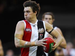 AFL Round 8. St Kilda vs Carlton at Etihad Stadium.  St Kilda's Blake Acres charges through half forward     . Pic: Michael Klein