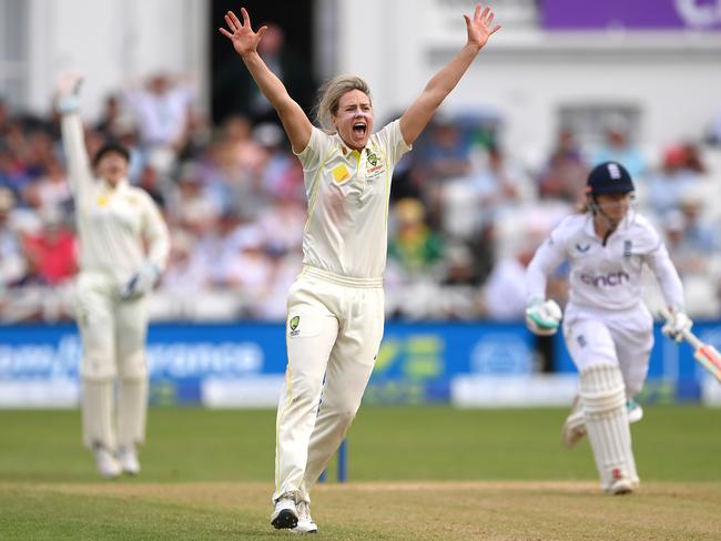 Perry’s first-innings knock of 99 put the Test on Australia’s terms, while she claimed the wicket of Amy Jones. Picture: Stu Forster/Getty Images