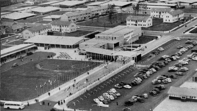 An aerial view of the entrance to the Olympic village in 1956.