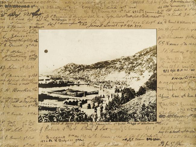 Photograph of the landing on Gallipoli beach by ANZAC troops, Turkey, 1915 with the names of men of mostly the 9th and 15th battalion. Courtesy John Oxley Library SLQ