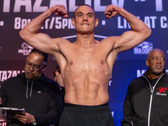 Former world champion Tim Tszyu and IBF Super Welterweight World Champion Bakhram Murtazaliev went face to face on Friday at the final weigh-in at the Caribe Royale Resort in Orlando, USA. Picture: No Limit Boxing