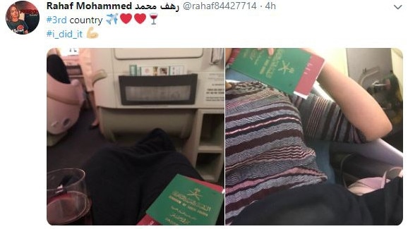 Rahaf Mohammed tweets on her way to Canada. Picture: Twitter