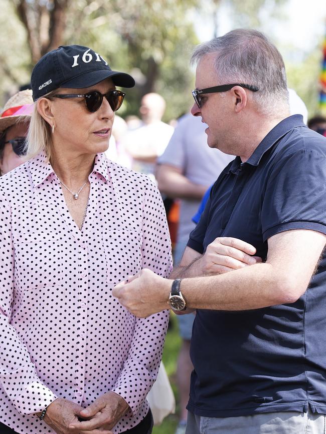 Tennis great Martina Navratilova with Anthony Albanese at Midsumma Pride March in St Kilda, Melbourne, on Sunday. Picture: AAP