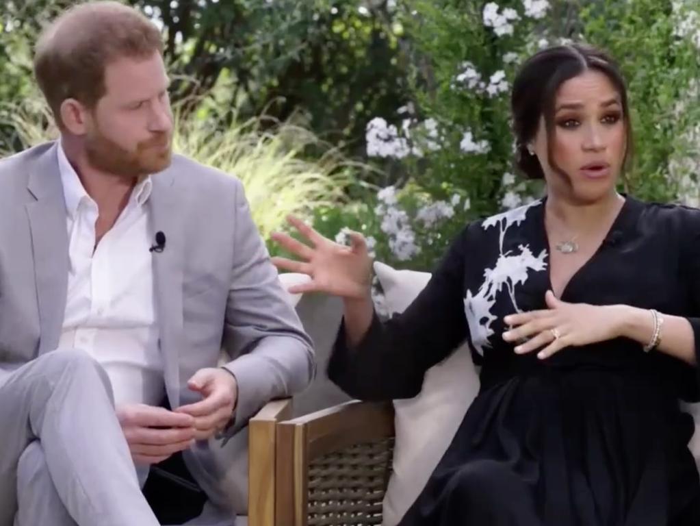 Harry and Meghan made racism claims during their explosive Oprah interview. Picture: CBS