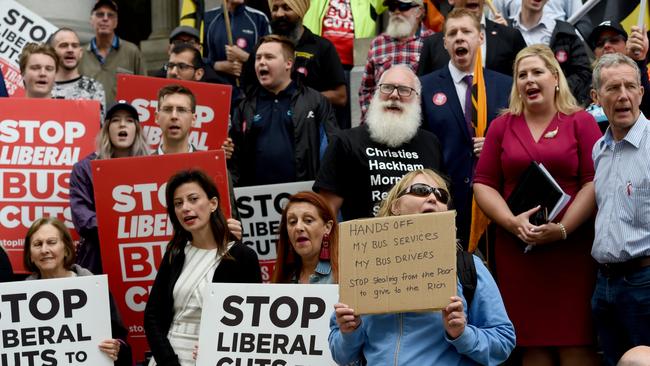 12/2/19 - Transport Workers Union, SA Labor and Community groups held a protest against the State Liberal Governments cuts to Adelaide Metro Bus services on the steps of Parliament House. Photo - Naomi Jellicoe