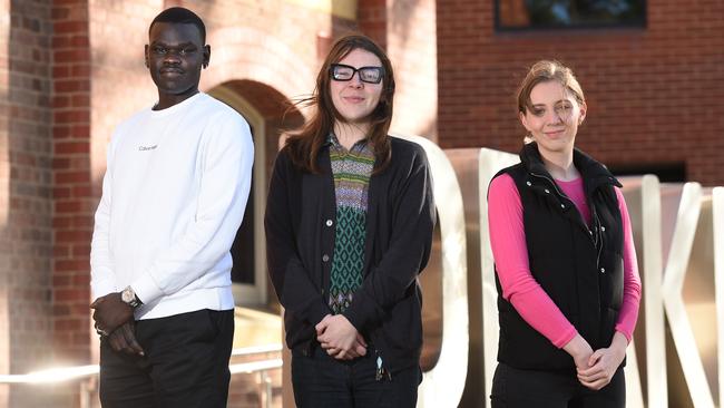 Amgad Ajak, Liam Jones and Alexandra Tito are all the first in their families to go to university. Picture: David Smith