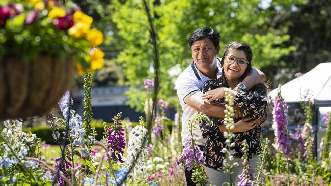 Brisbane visitors Prabhat (left) and Prathna Baagdas in Queens Park for the last day of the Carnival of Flowers, Monday, October 7, 2024. Picture: Kevin Farmer